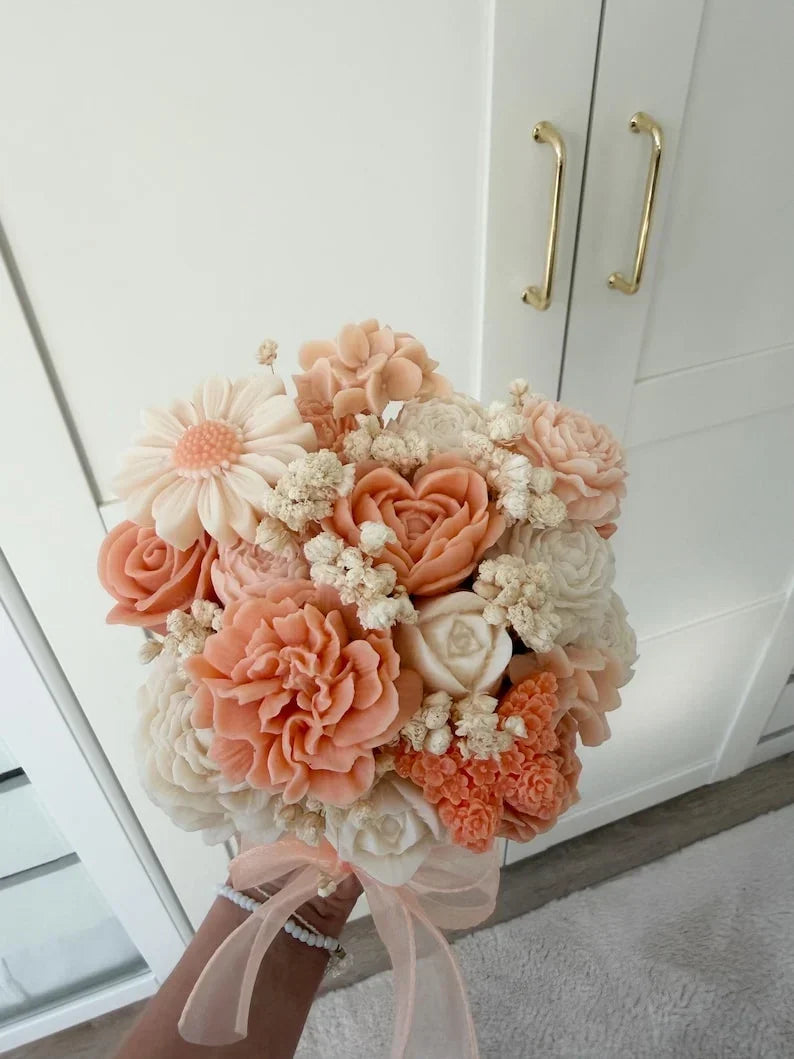 Ramo de flores de cera de color naranja pastel con 15-22 flores en caja de regalo de 12 cm