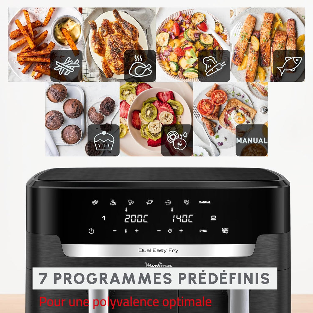 Freidora de aire Moulinex Dual XXL 11L, 8 personas o más, cesta grande hasta 3 kg, 7 programas predefinidos, Dual Easy Fry XXL, EZ9428F0, negro