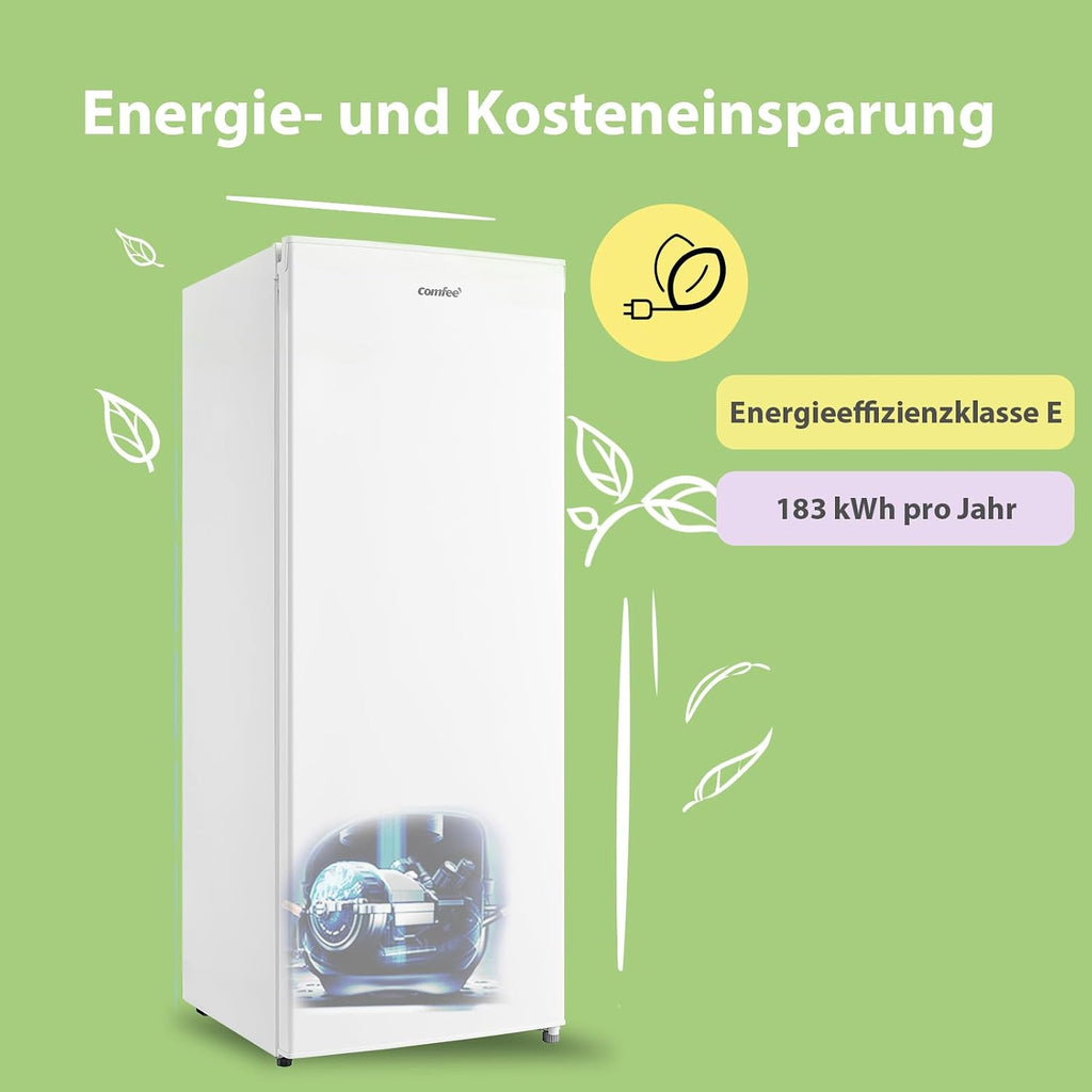 Comfee RCU160WH2(E) Congelador vertical/142 cm de alto/160 L de capacidad/183 kWh/año/Sentido de apertura de puerta reversible/Compresor GMCC de alta calidad/Control de temperatura/Patas ajustables/Blanco