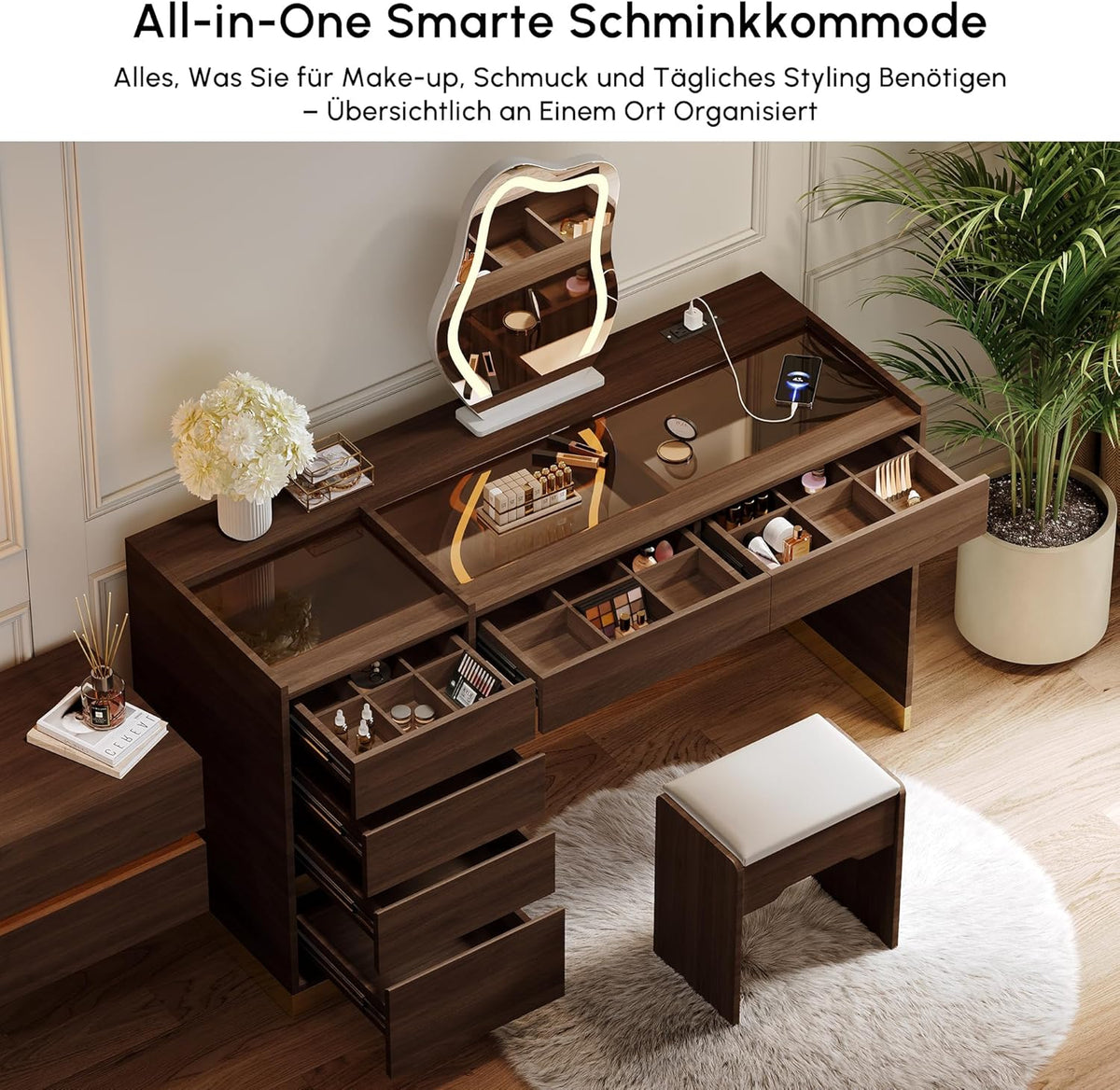 Tocador Homary con espejo, iluminación, estación de carga USB y espacio de almacenamiento, elegante tocador moderno con espejo iluminado de 3 modos y expositor de joyas integrado, nogal