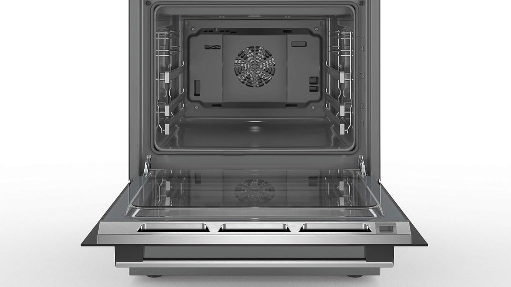 Cocina eléctrica de libre instalación Bosch Serie 4 HKR39C250, 60 cm de ancho, asistente de limpieza EcoClean Direct, aire caliente 3D para hornear en 3 niveles, control por pantalla LED, zona de cocción ampliable para recipientes grandes
