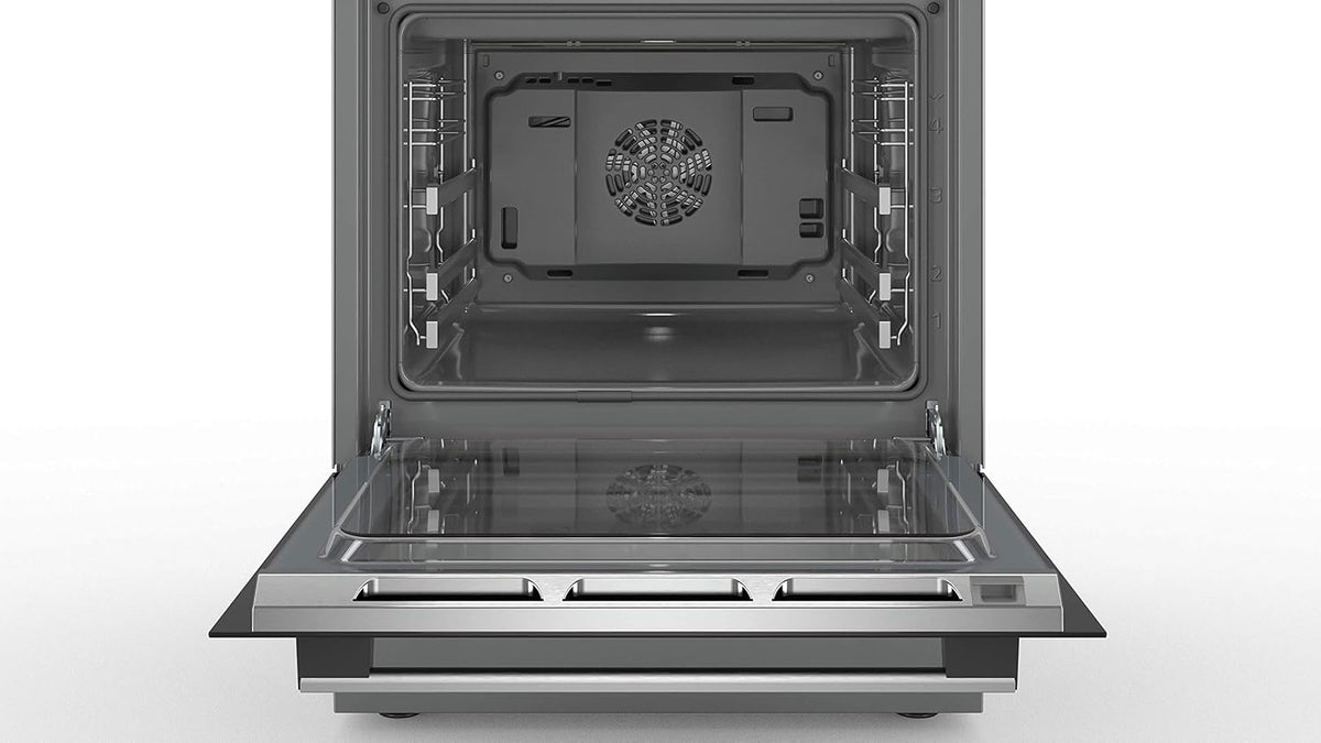 Cocina eléctrica de libre instalación Bosch Serie 4 HKR39C250, 60 cm de ancho, asistente de limpieza EcoClean Direct, aire caliente 3D para hornear en 3 niveles, control por pantalla LED, zona de cocción ampliable para recipientes grandes