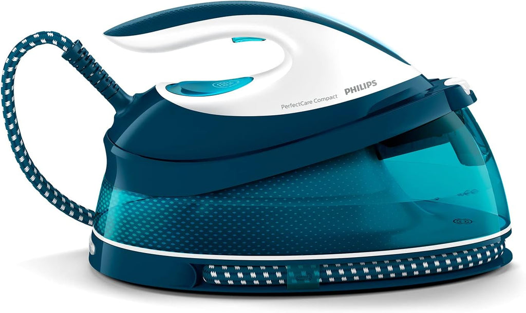 Centro de planchado Philips PerfectCare Compact Plus - 2400W, 400g, presión de 6,5 bares, tecnología OptimalTEMP, depósito de 1,5 L, azul/blanco (GC7844/20)