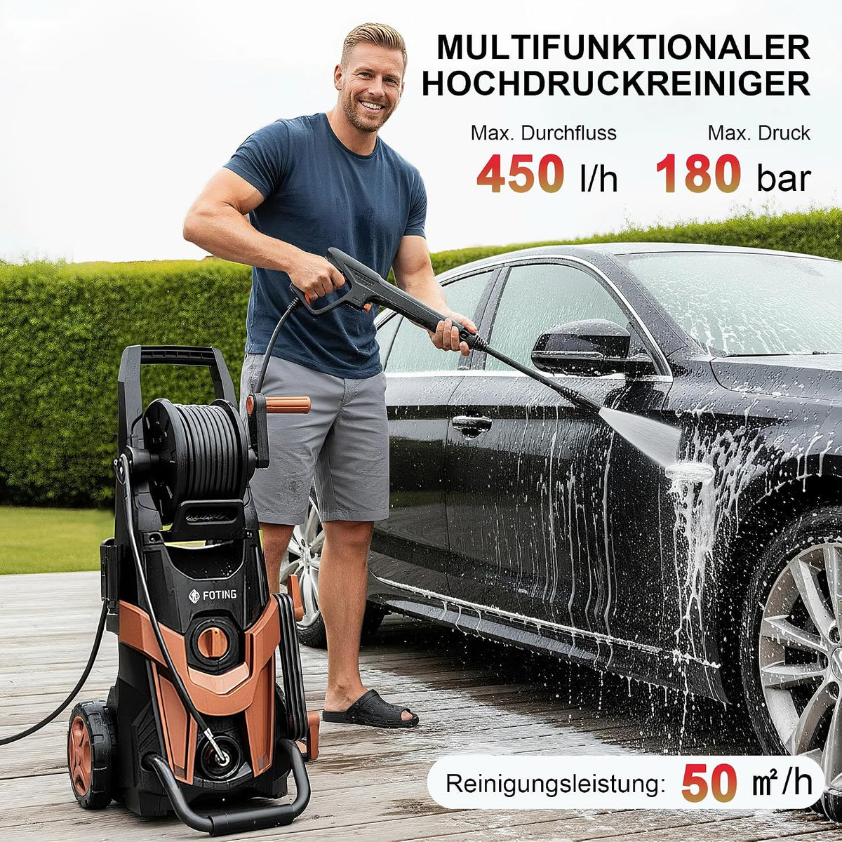 Limpiadora de alta presión 180 bares 450 l/h con manguera de alta presión de 7 m, enrollador de manguera, depósito de detergente de 500 ml y boquilla 6 en 1