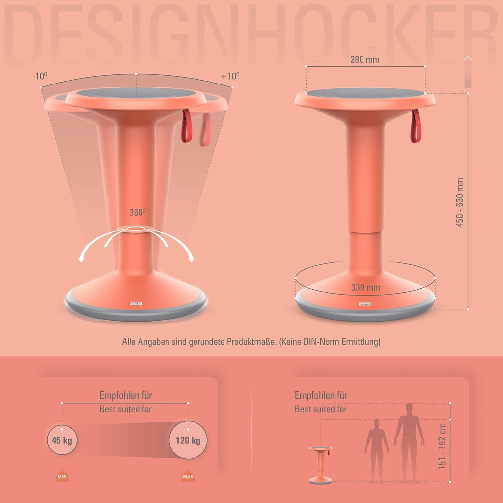Interstuhl UPis1 - taburete ergonómico con efecto oscilante - altura regulable - taburete con base antideslizante y protección antivuelco - taburete de oficina (naranja salmón, taburete de diseño UP)