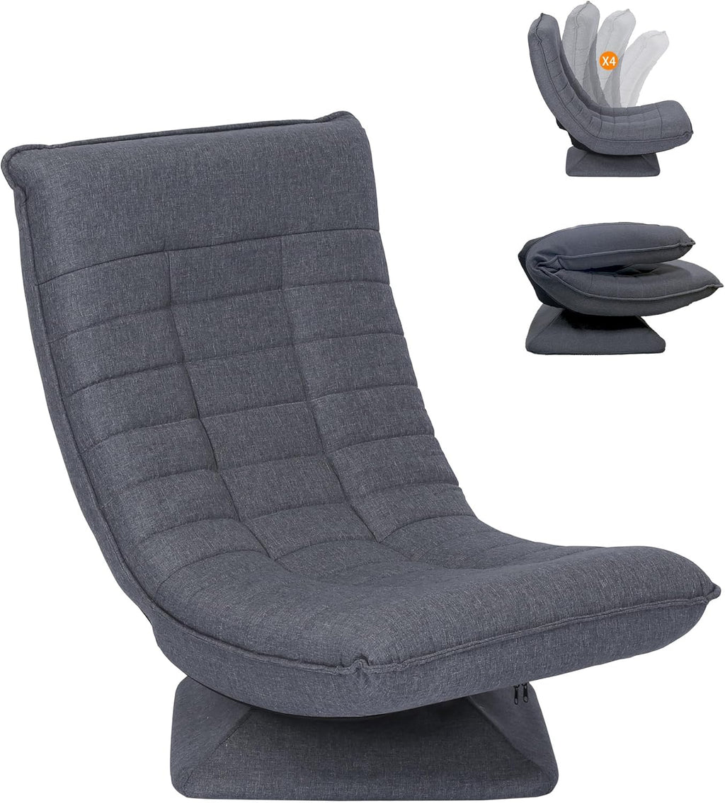 Sillón relax, cómodo sillón de suelo con respaldo ajustable en 4 posiciones, función giratoria de 360°, mecanismo de plegado, acolchado de 13 cm, capacidad de carga de 150 kg para salón o dormitorio (gris)