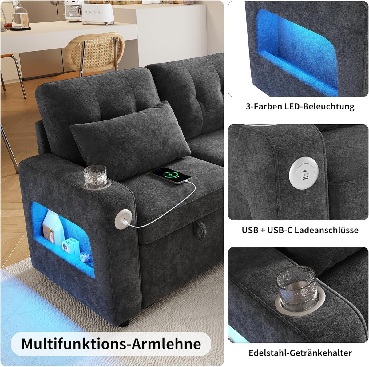 Sofá en L Merax con función cama y arcón, práctico sofá cama con espacio de almacenamiento, iluminación LED, USB/Tipo-C y 2 portavasos, sofá cama extraíble en forma de L, tela de chenilla, gris