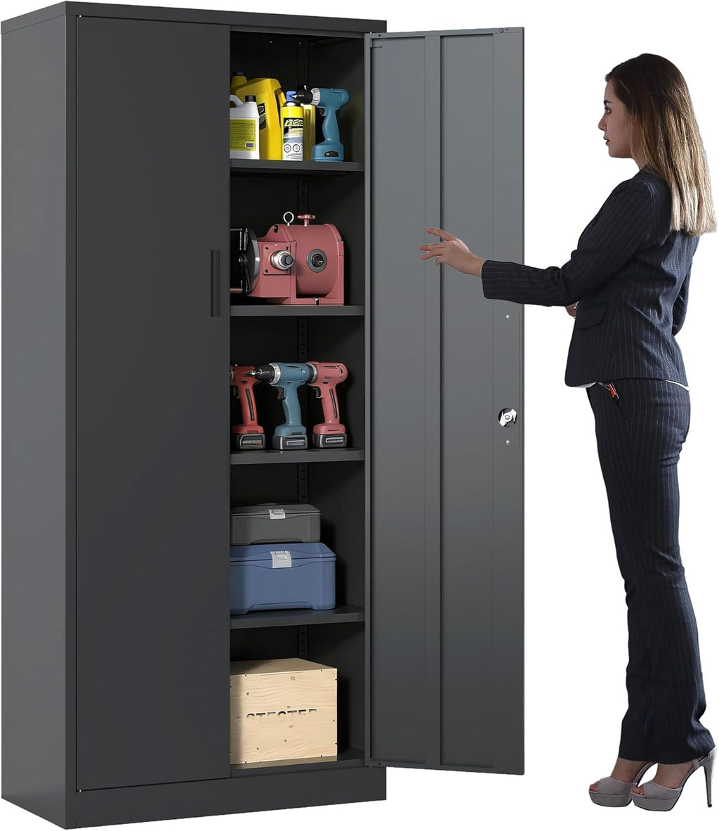 Armario metálico con cerradura, armario de acero de 180 x 80 x 40 cm con 4 estantes ajustables en altura, armario multiusos y de almacenamiento para garaje, taller, sótano y oficina (negro)