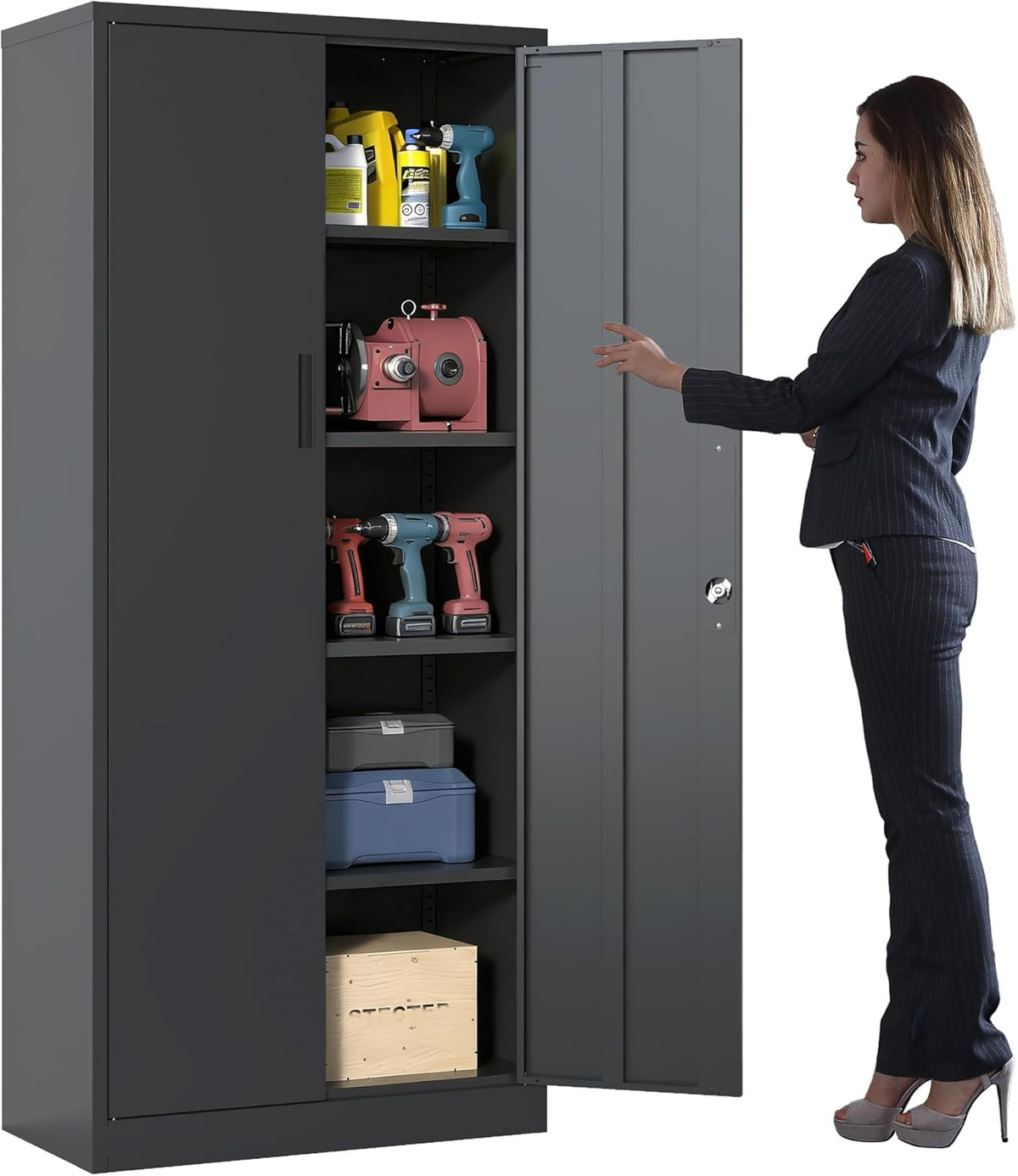 Armario metálico con cerradura, armario de acero de 180 x 80 x 40 cm con 4 estantes ajustables en altura, armario multiusos y de almacenamiento para garaje, taller, sótano y oficina (negro)