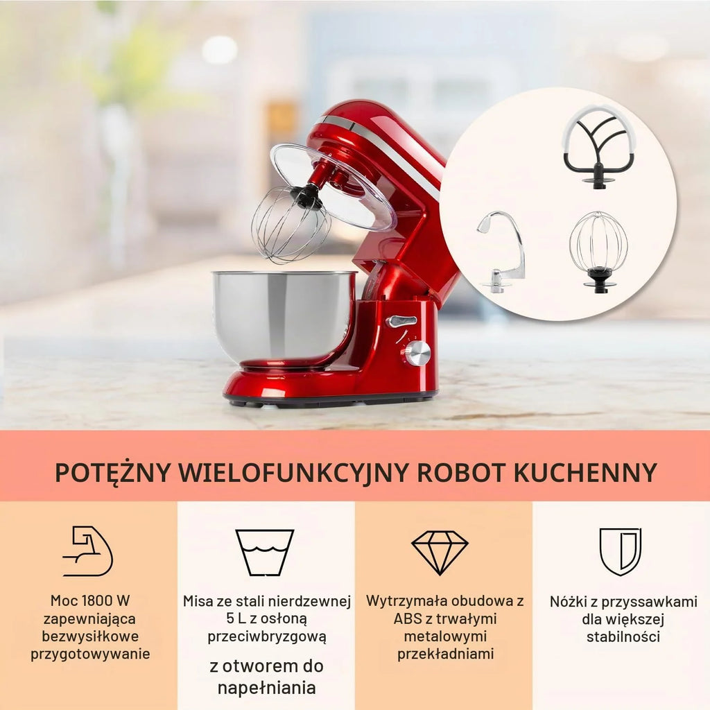 Klarstein Robot kuchenny, Maszyna do wyrabiania ciasta z misą 5L, 2000W profesjonalny robot z hakiem i trzepaczką, Uniwersalny z 6 biegami, Maszyna do mieszania, ugniatania i ubijania