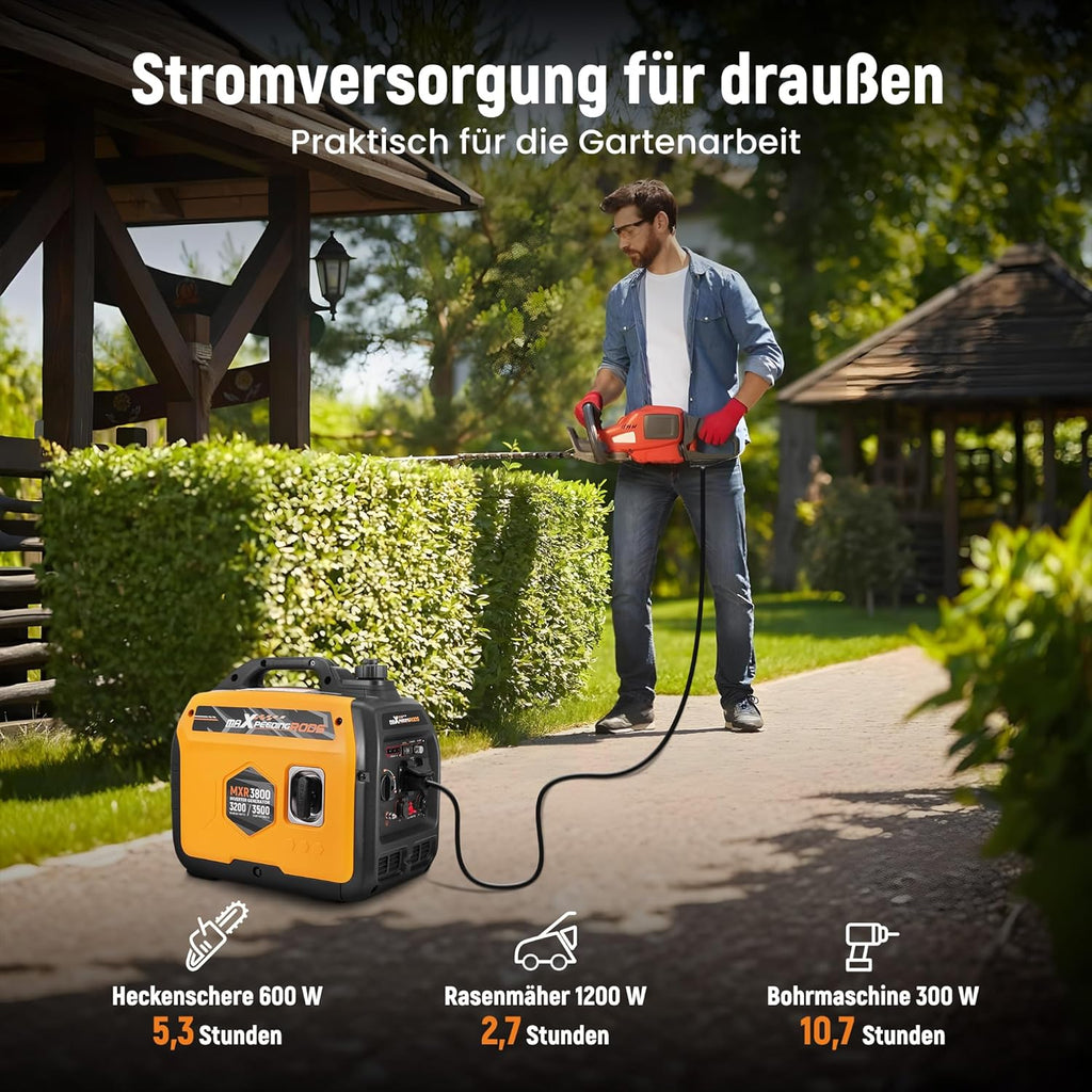 Generador inverter maXpeedingrods 3500W, super silencioso, ligero y portátil, generador de gasolina de emergencia, modo ECO con 2 enchufes de 230V / 2 USB / 1 de 12V CC para autocaravanas, camping, festivales y viajes