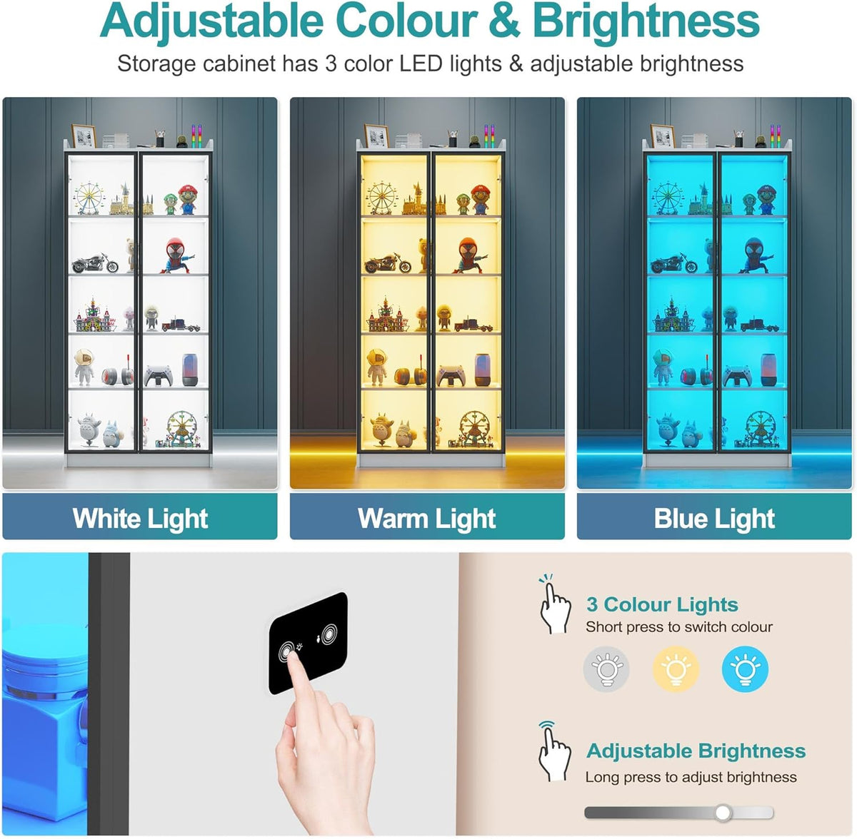 Vitrina Lvifur blanca, aparador de 35 × 70 × 165 cm, armario despensero inteligente con 3 colores RGB regulables, aparador de buffet con sensor inteligente, color blanco