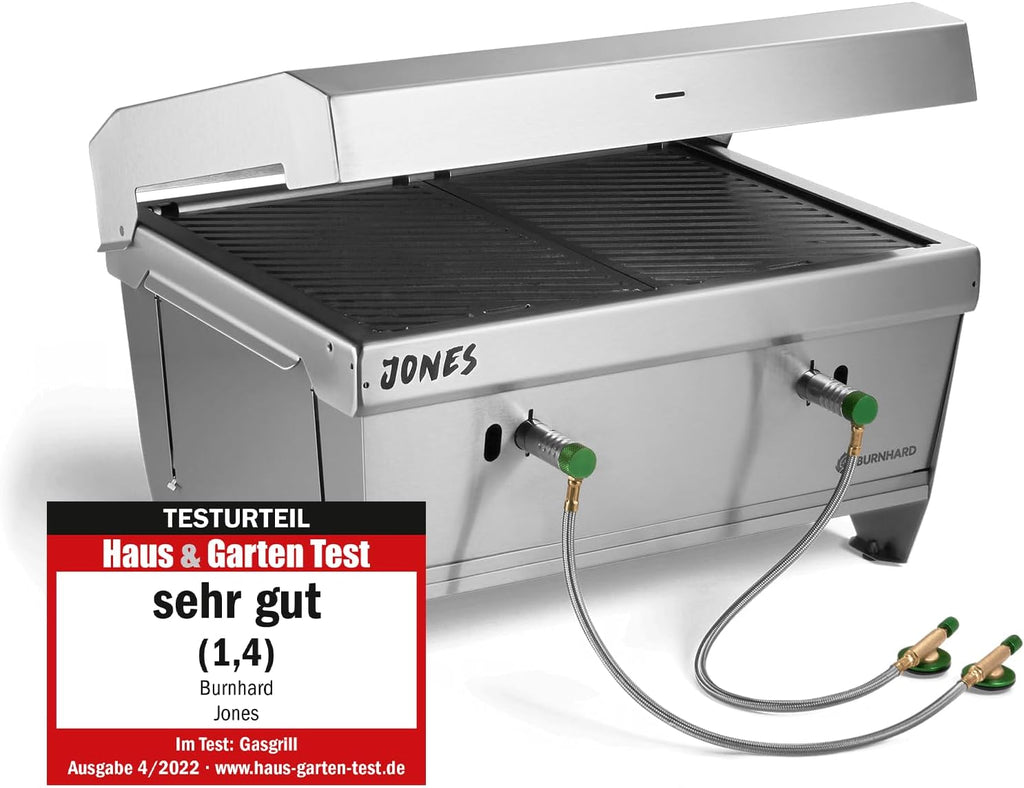 Barbacoa de gas para camping BURNHARD® JONES, barbacoa plegable de acero inoxidable con tapa, 2 quemadores, 6,4 kW, incluye bolsa de transporte con función de mochila y herramienta multiusos, barbacoa plegable ideal para camping