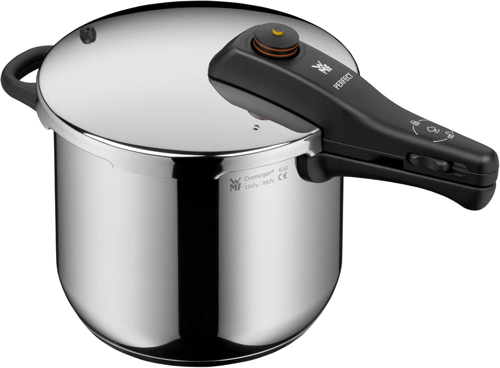 Juego de olla a presión WMF Perfect One Pot para inducción, 2 piezas, olla a presión de 6,5 l y 3 l, señal de cocción grande, 2 niveles de cocción, mango de tapa extraíble, acero inoxidable