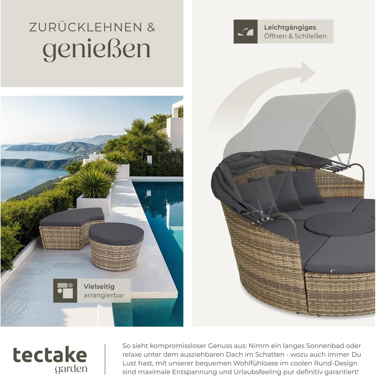 tectake® Sofá cama de jardín, isla solar para exteriores resistente a la intemperie, sillón de jardín, tumbona para 2 personas y más, mueble multifuncional para terraza o balcón, tumbona de jardín resistente a la intemperie - Naturaleza