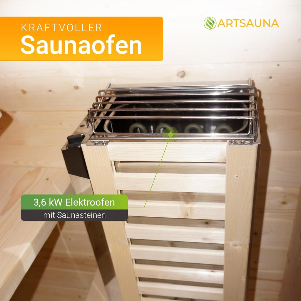 Sauna de barril Artsauna Nolvik S, sauna de exterior de madera de abeto, estufa de 3,6 kW, LED, set completo con reloj de arena, cubo y termómetro, resistente al invierno, diseño de cubo