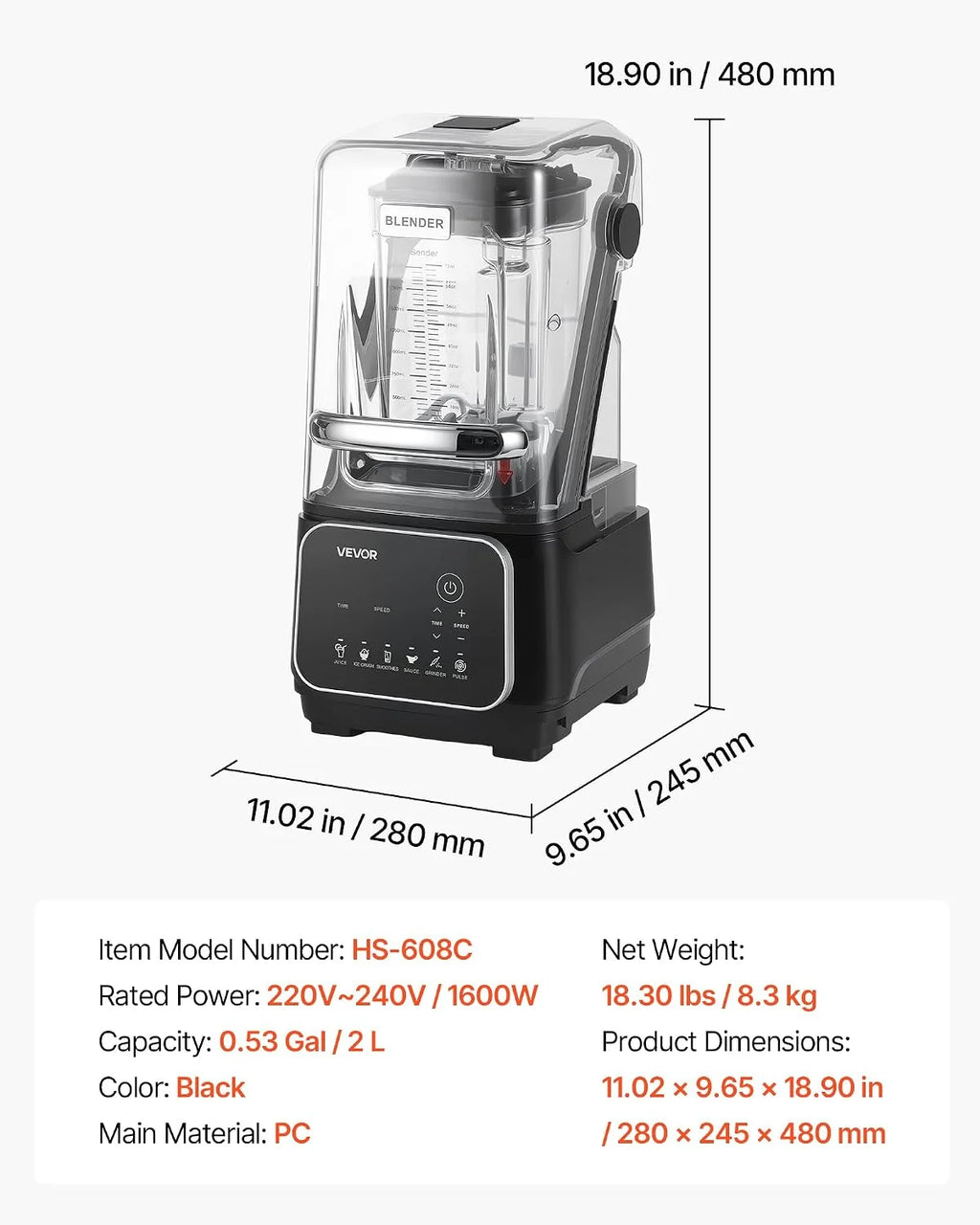 VEVOR Elektryczny blender stołowy do smoothie, 2 litry 2200 W prędkość 26000 obr./min, rozdrabniacz do soków owocowych, samooczyszczanie, 6 zaprogramowanych programów, czarny