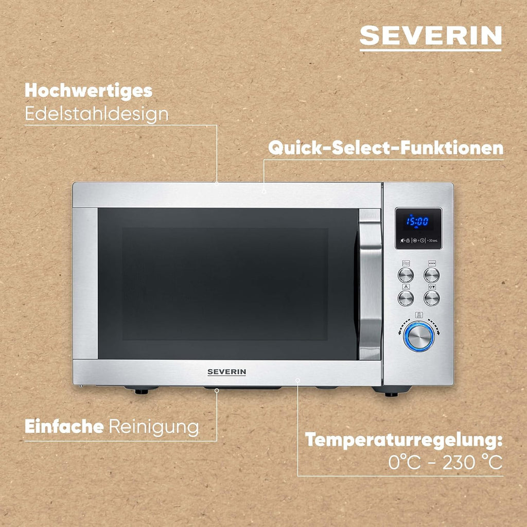 Microondas 4 en 1 SEVERIN "Crispy Wave", función de convección hasta 230 °C, freidora de aire, microondas, horno y grill, temporizador de 95 min, potencia máx. 2150 W, 25 L, plata/acero inoxidable, MW 7982