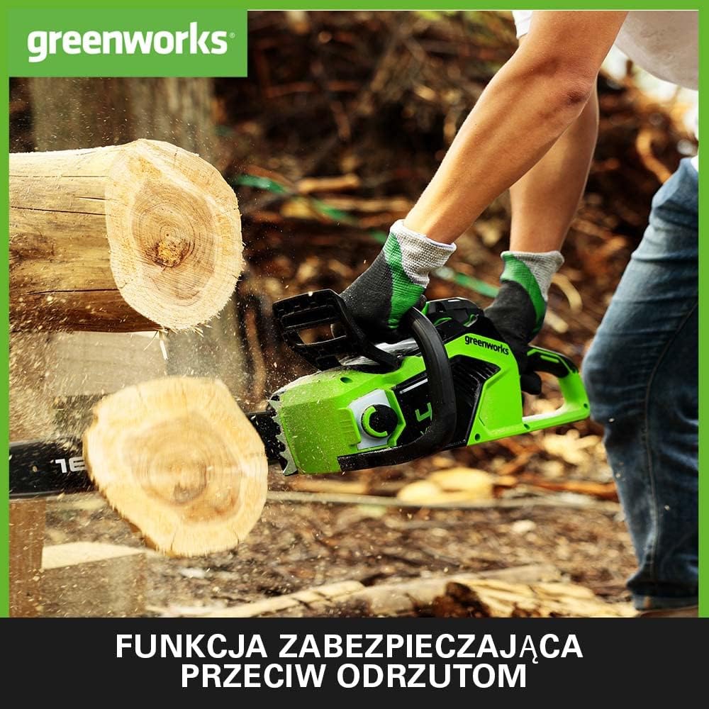 Greenworks GD40CS18K2X Akumulatorowa pilarka łańcuchowa z silnikiem bezszczotkowym, długość ostrza 40 cm, szybkość 20 m na s, 3,8 kg, olejarka, ochrona przed odrzutem, 2 baterie 40 V 2 Ah i ładowarka