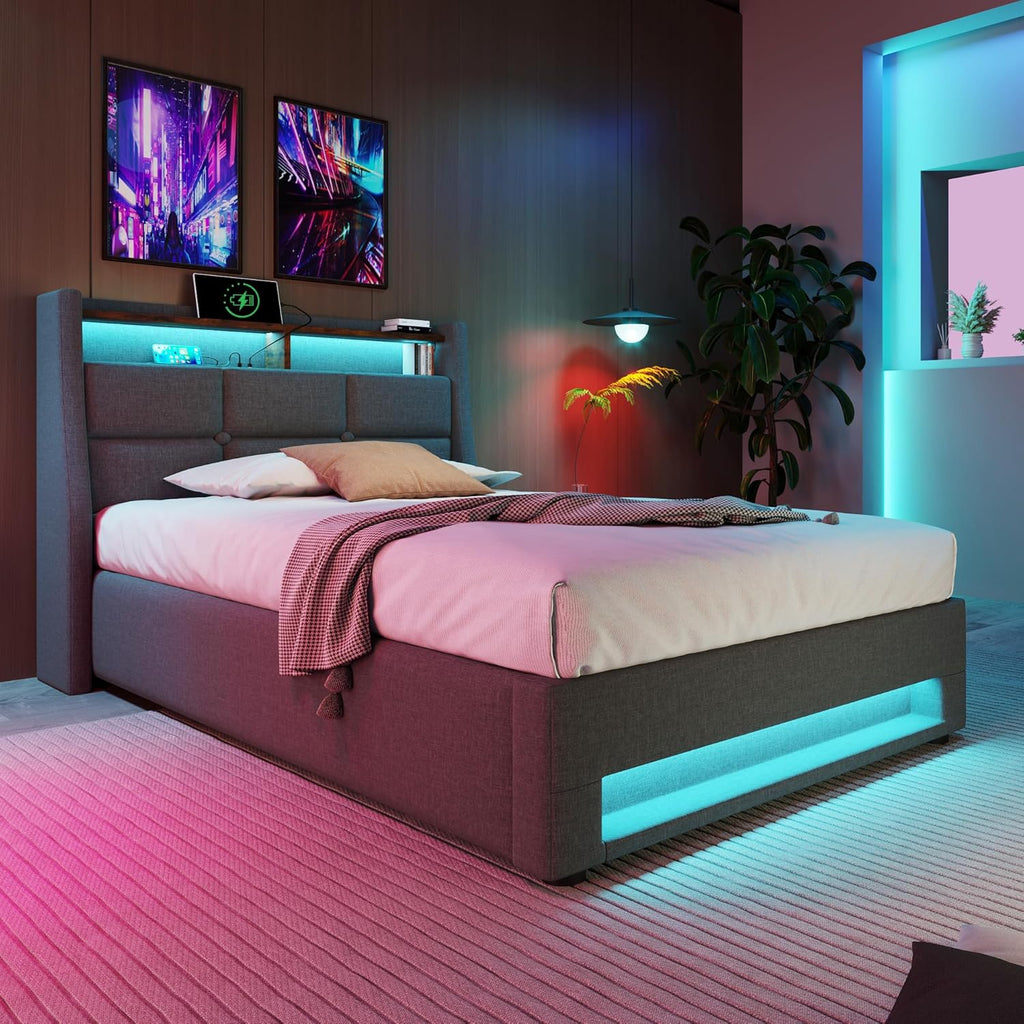 Cama tapizada Kayan 90x200cm, cama individual con almacenamiento y somier, cabecero LED con función de carga USB, cama con almacenamiento, cama funcional, respaldo, estructura de cama, lino (Gris, 90x200cm)