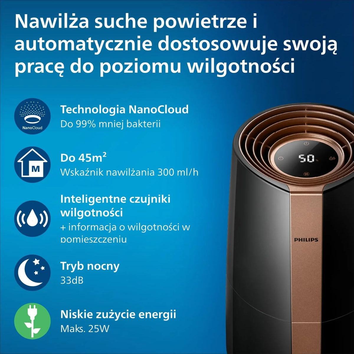 Philips Nawilżacz Ewaporacyjny serii 3000, do 45 m², NanoCloud, 3 l, Czarny
