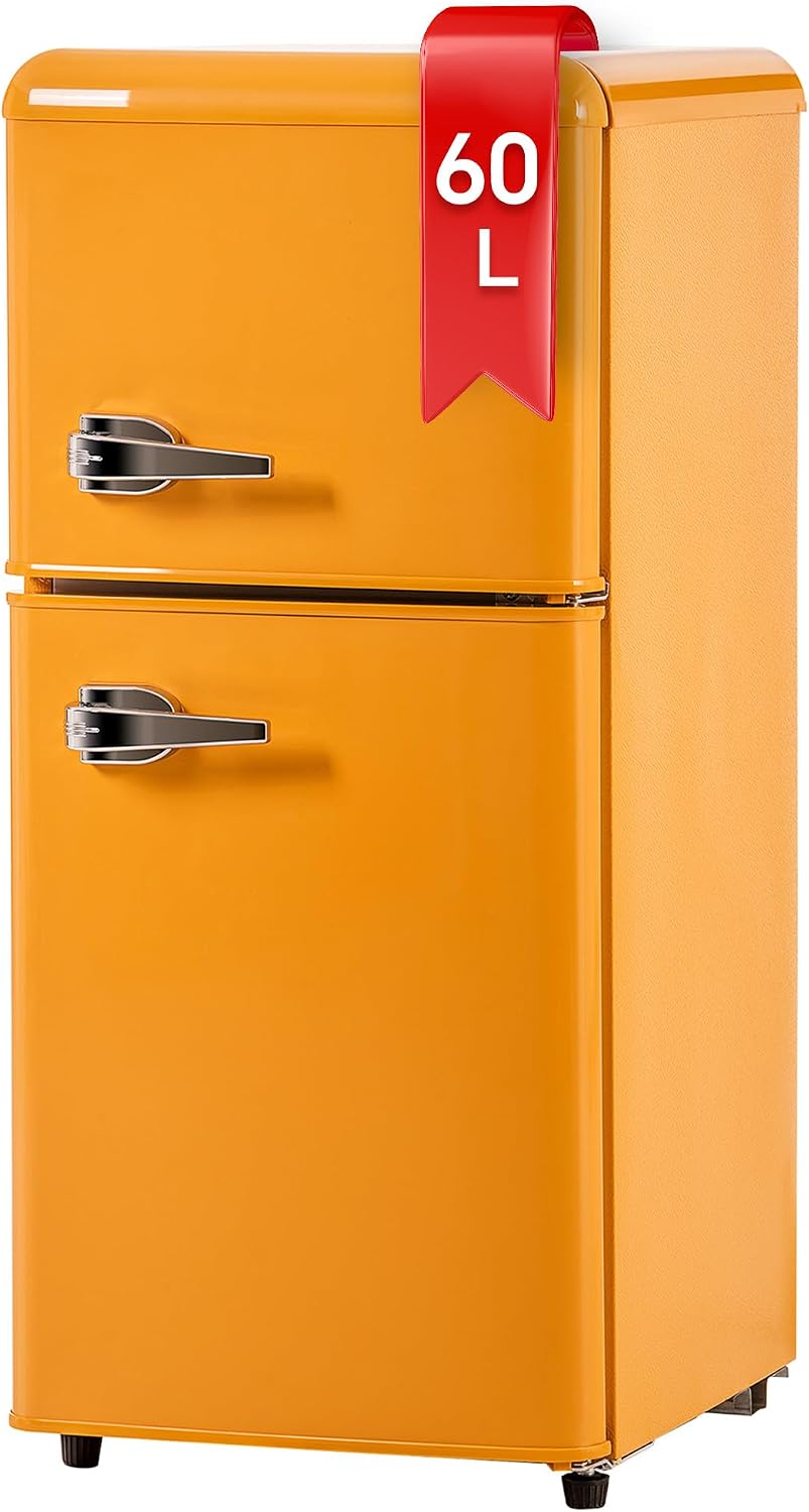 Frigorífico retro DRIXNO. Combinado con congelador. 86,8 cm de alto, 45,5 cm de ancho, dos puertas, con 60 litros de volumen total, 22 litros de volumen de congelación. 163 kWh/año, -27 °C ∽ 13 °C, luz LED