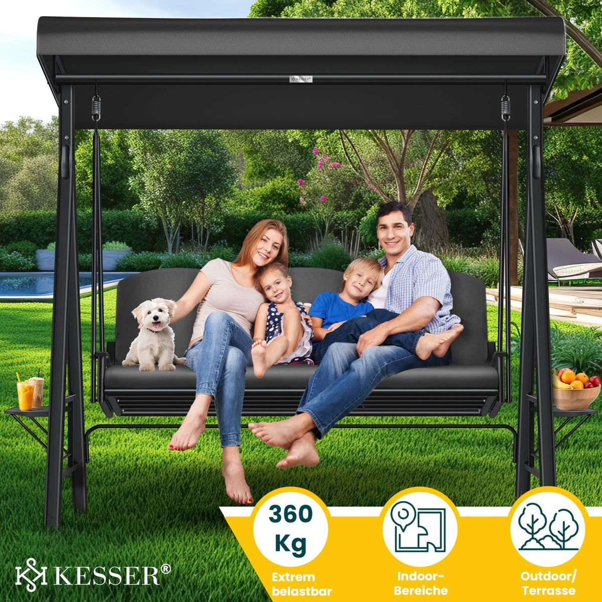 Columpio de jardín de 3 plazas con toldo, cojines, estructura de acero inoxidable, hasta 360 kg, color antracita, profundidad del asiento 118 cm