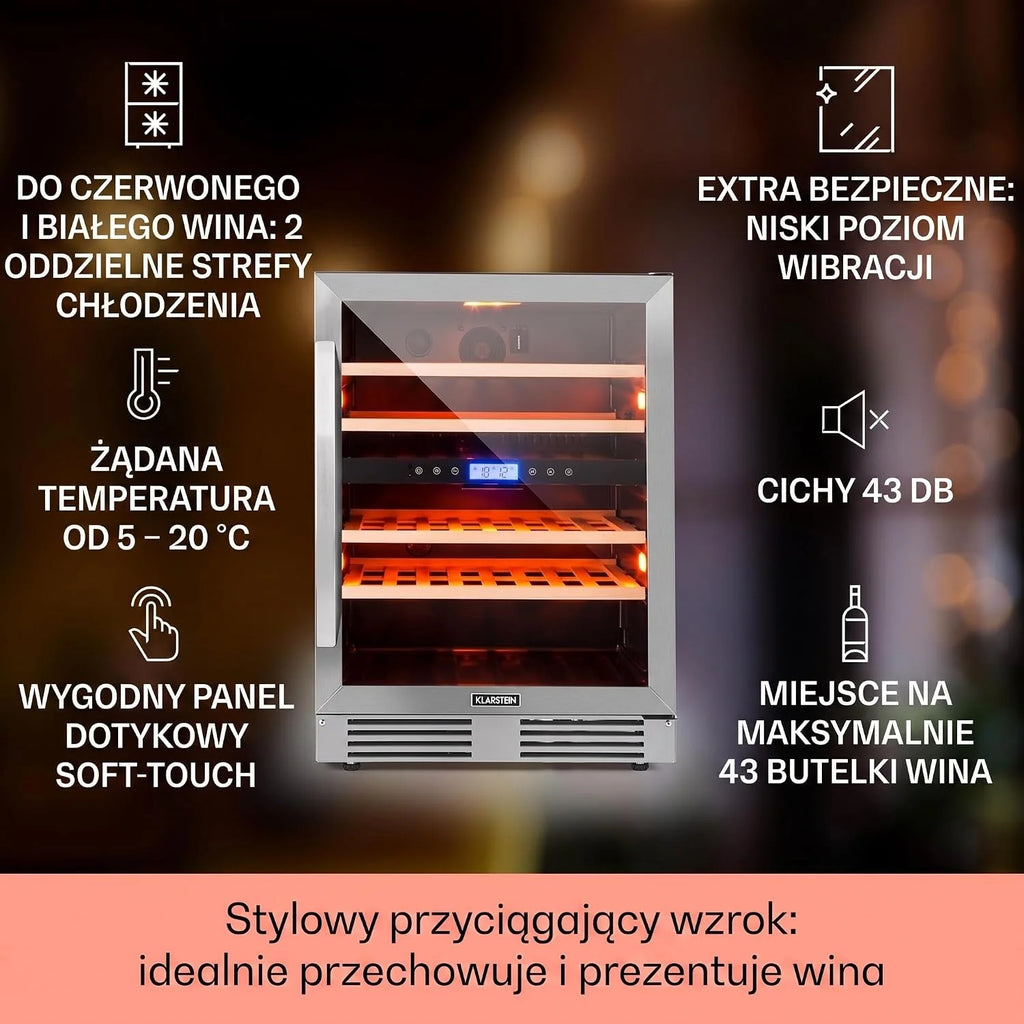 Klarstein Vinovilla chłodziarka do wina do zabudowy, dwustrefowa winiarka ze szklanymi drzwiami, 129 l, 4 wyjmowane drewniane półki, oświetlenie LED w 3 kolorach, cichy silnik 44 dB, 43 butelki