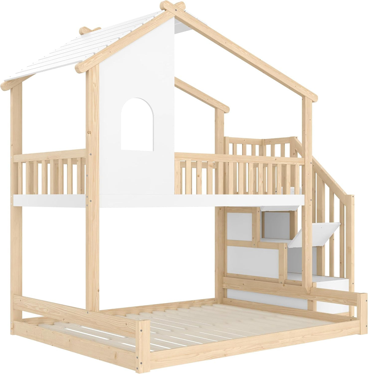 Litera infantil Merax para 2 niños, 90x200 y 140x200 cm, cama alta tipo casita con techo, ventana y barandilla, escalera con 2 compartimentos de almacenamiento, cama con somier y protección anticaídas, sin colchón, blanco y natural