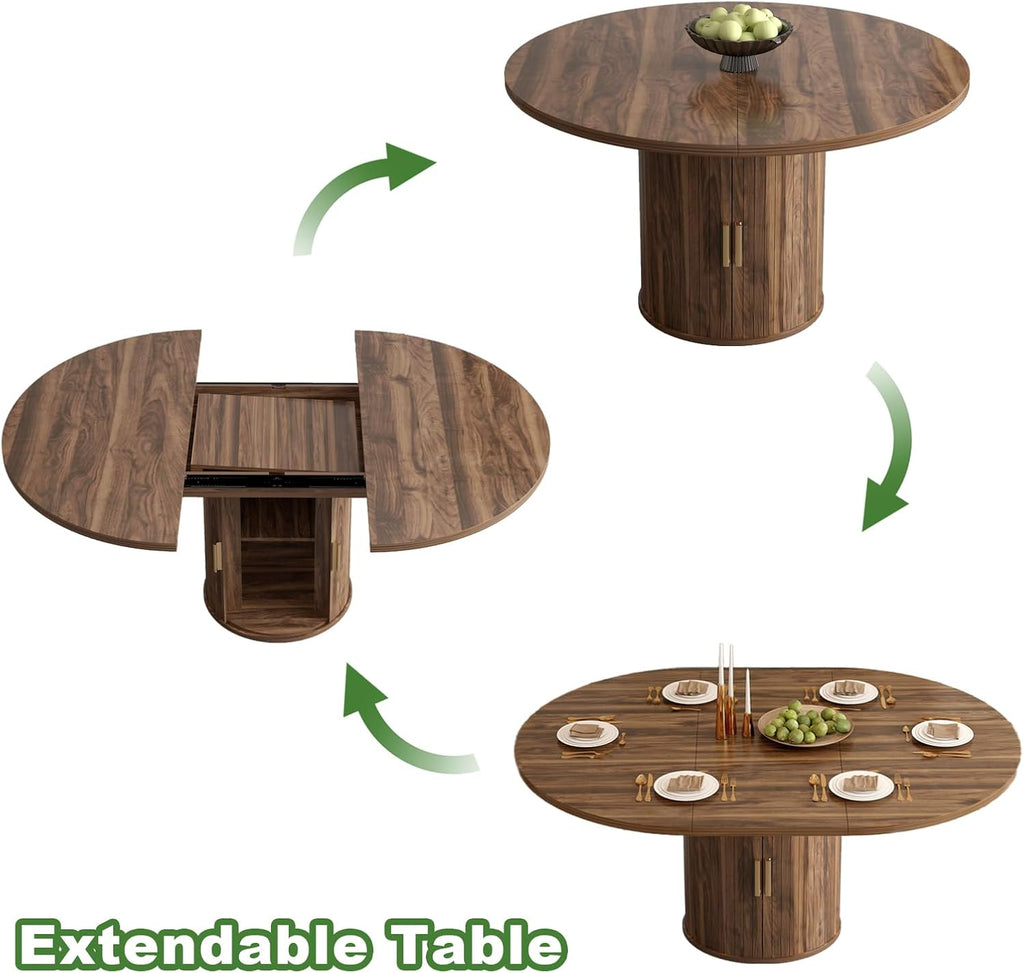 Mesa de comedor extensible, mesa de comedor redonda con base de madera, extensible a ovalada, mesa de cocina moderna para 4-6 personas, marrón rústico, base de pedestal