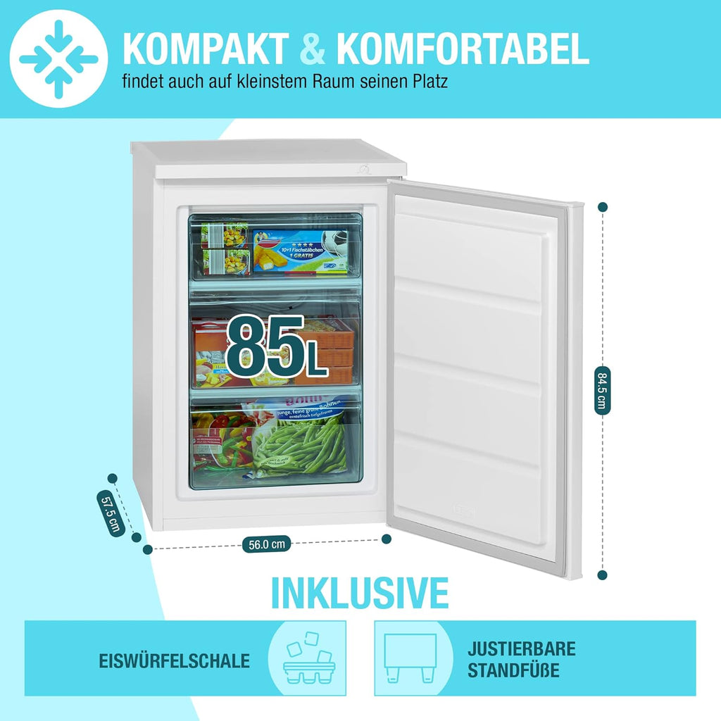 Congelador Bomann® | 85 litros de capacidad útil | Congelador pequeño con 3 cajones y cubitera | Mini nevera con regulación continua de temperatura | Puerta reversible | GS 2186.1 blanco