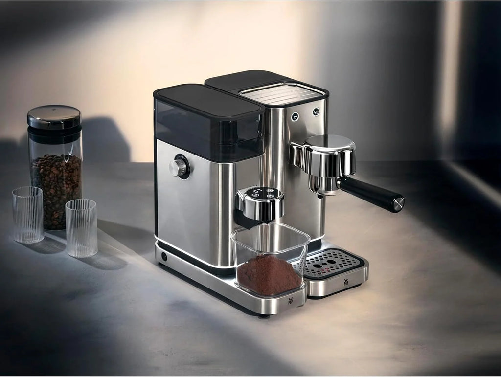 WMF Lumero elektryczny młynek do espresso 150 W, przyciski dotykowe LED, 40 stopni mielenia, pojemnik na kawę, stal nierdzewna Cromargan matowa