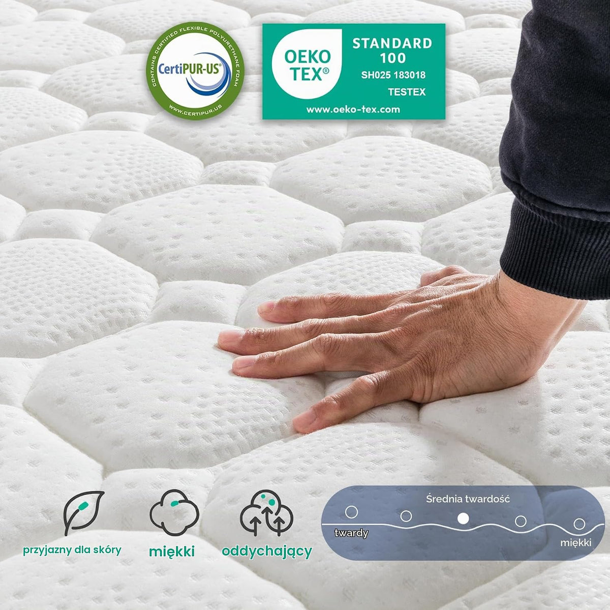 Vesgantti Materac 24 cm wysokości H3, 90 x 200 cm, średnio-twardy, 7-strefowy, materac kieszeniowy, ortopedyczny, materac kieszeniowy, materac z zimnej pianki Öko-Tex (biały, Tight Top)