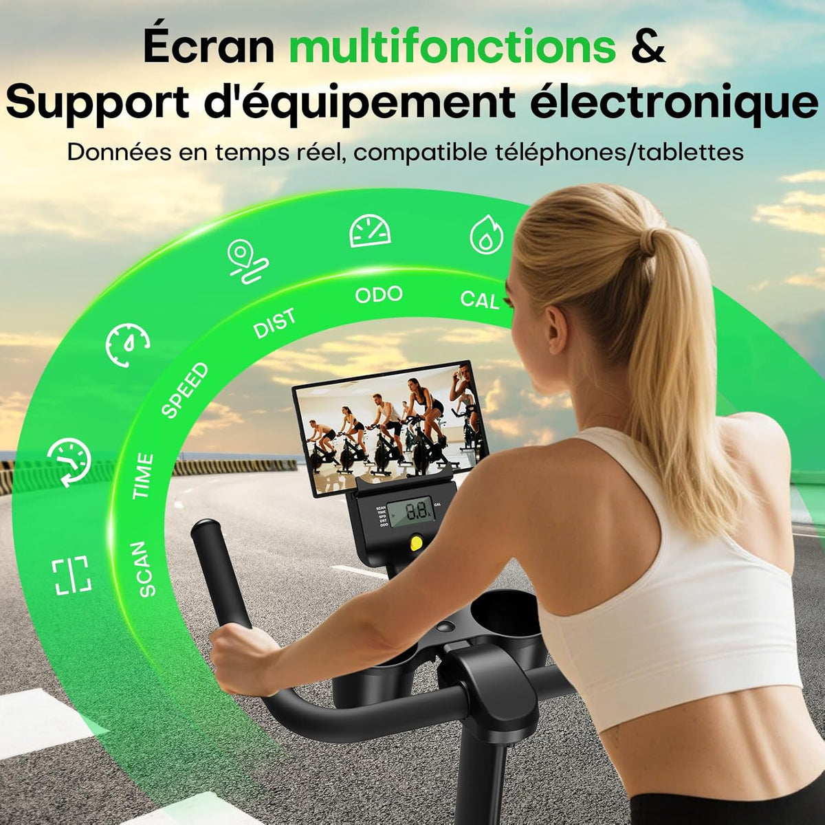 Bicicleta estática para casa, bicicleta de fitness interior silenciosa con resistencia ajustable, bicicleta estática con aplicación, soporte para mancuernas, pantalla LCD, asiento cómodo, capacidad de 180 kg
