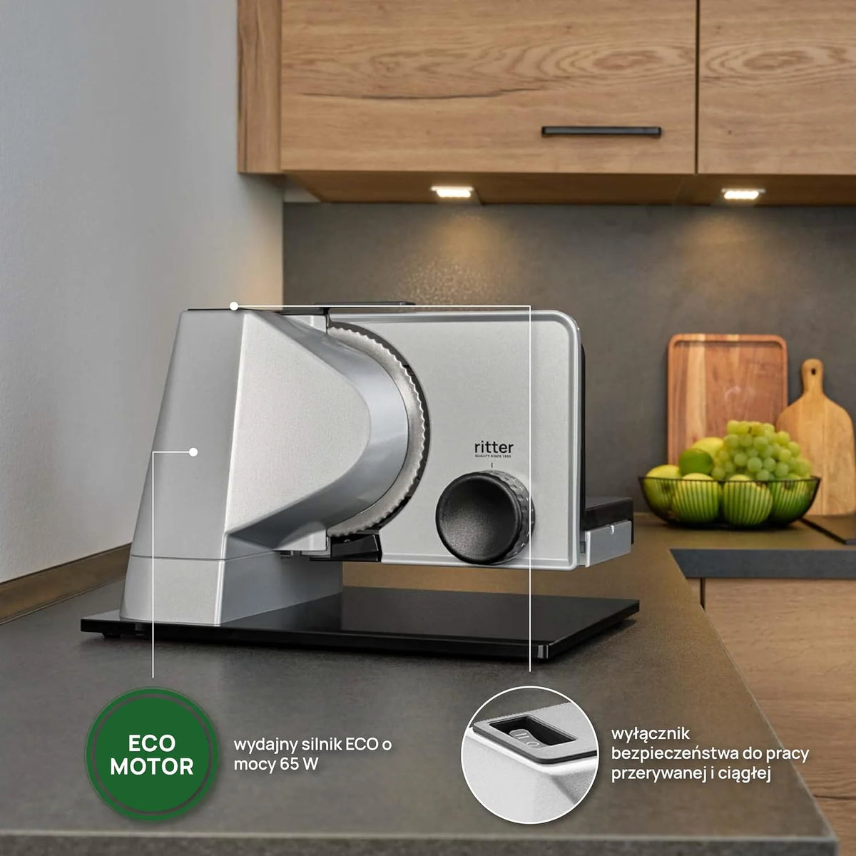 ritter sono 5 elektryczna krajalnica do chleba, wędlin i sera, całość z metalu, z silnikiem ECO, Made in Germany
