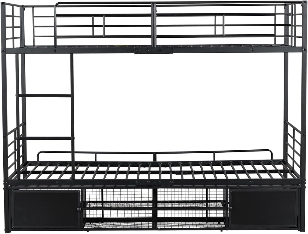Litera cama infantil 90x200 cm, estructura de cama de metal con zapatero abierto y 2 armarios de almacenamiento con puertas, litera cama alta cama de hierro para niños, adolescentes y adultos, negro