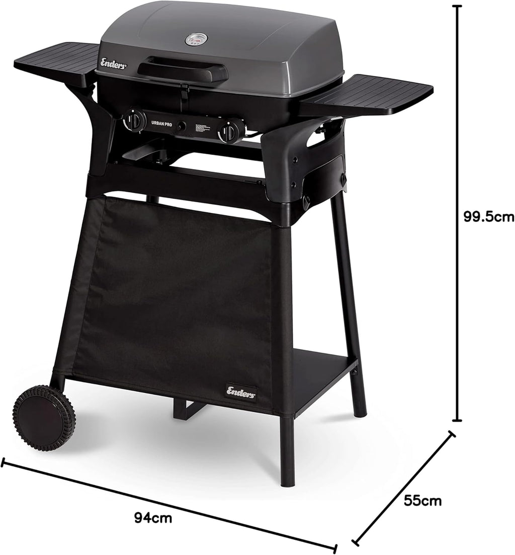 EndersGasgrill Urban II Pro, parrilla de mesa, función de asado, cocción y horneado, 2 quemadores de acero inoxidable, con termómetro para parrilla, parrilla para balcón y camping, carcasa de aluminio fundido, rejilla de hierro fundido, #2062