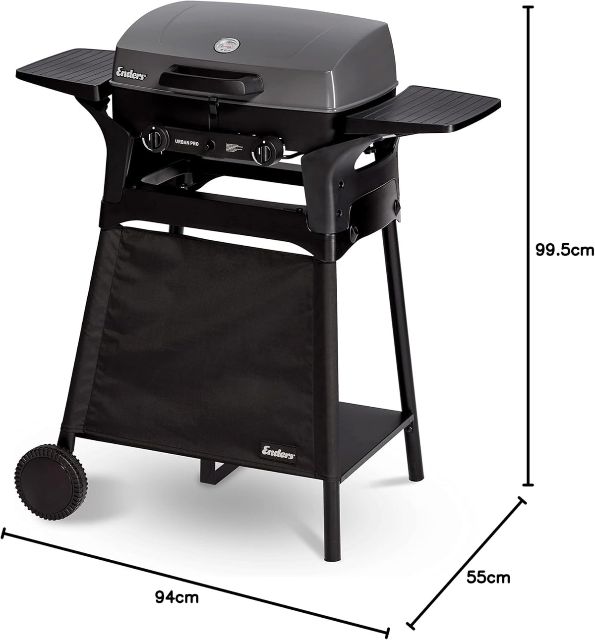 EndersGasgrill Urban II Pro, parrilla de mesa, función de asado, cocción y horneado, 2 quemadores de acero inoxidable, con termómetro para parrilla, parrilla para balcón y camping, carcasa de aluminio fundido, rejilla de hierro fundido, #2062