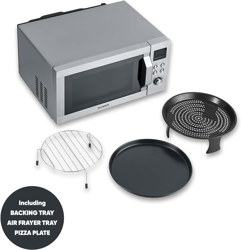 Microondas 4 en 1 SEVERIN "Crispy Wave", función de convección hasta 230 °C, freidora de aire, microondas, horno y grill, temporizador de 95 min, potencia máx. 2150 W, 25 L, plata/acero inoxidable, MW 7982