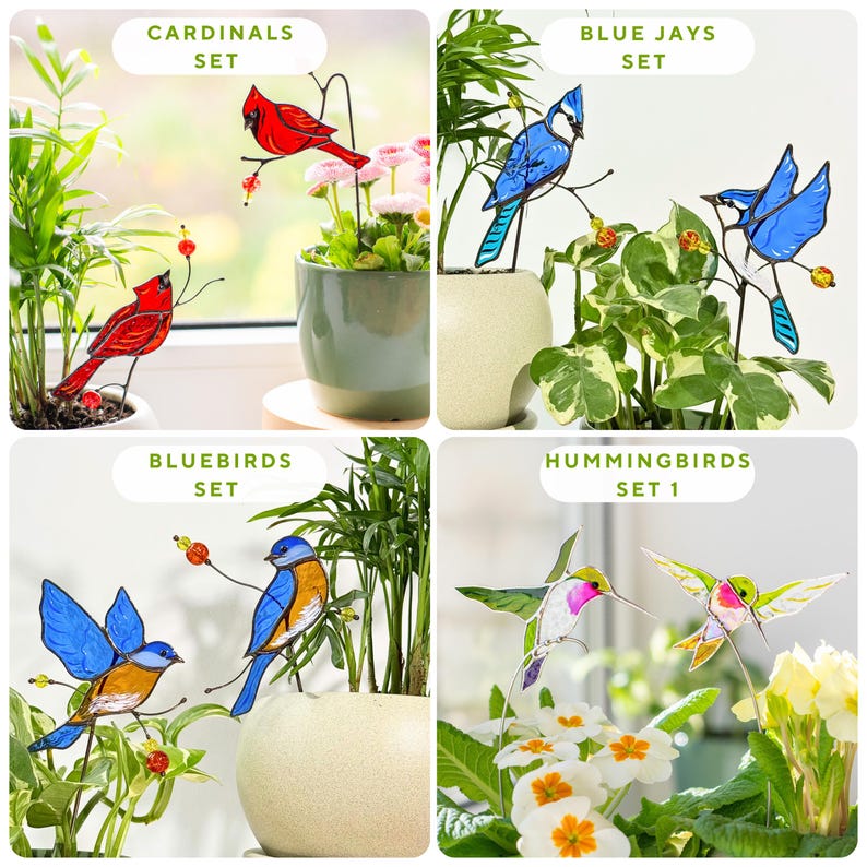 Set de estacas para plantas de colibrí de cristal, decoración floral para interiores, pintado a mano