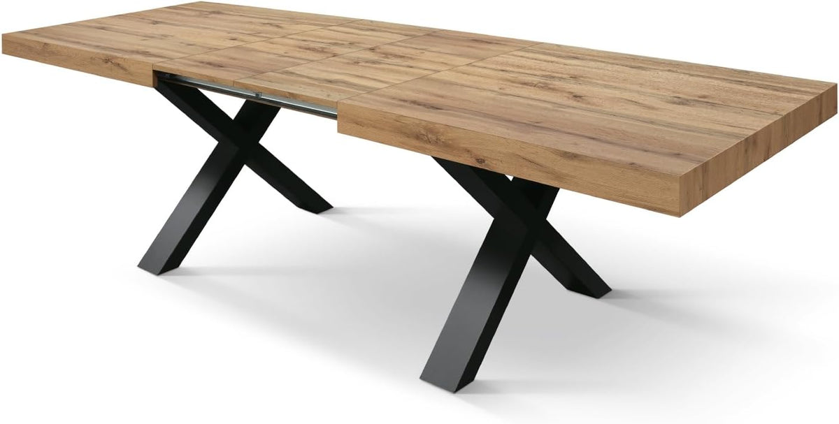 Mesa extensible PAZZO DESIGN Elisa, mesa para salón o cocina, patas en cruz X negras, fabricada en Italia, roble rústico, 160x90x76 cm - id_1997