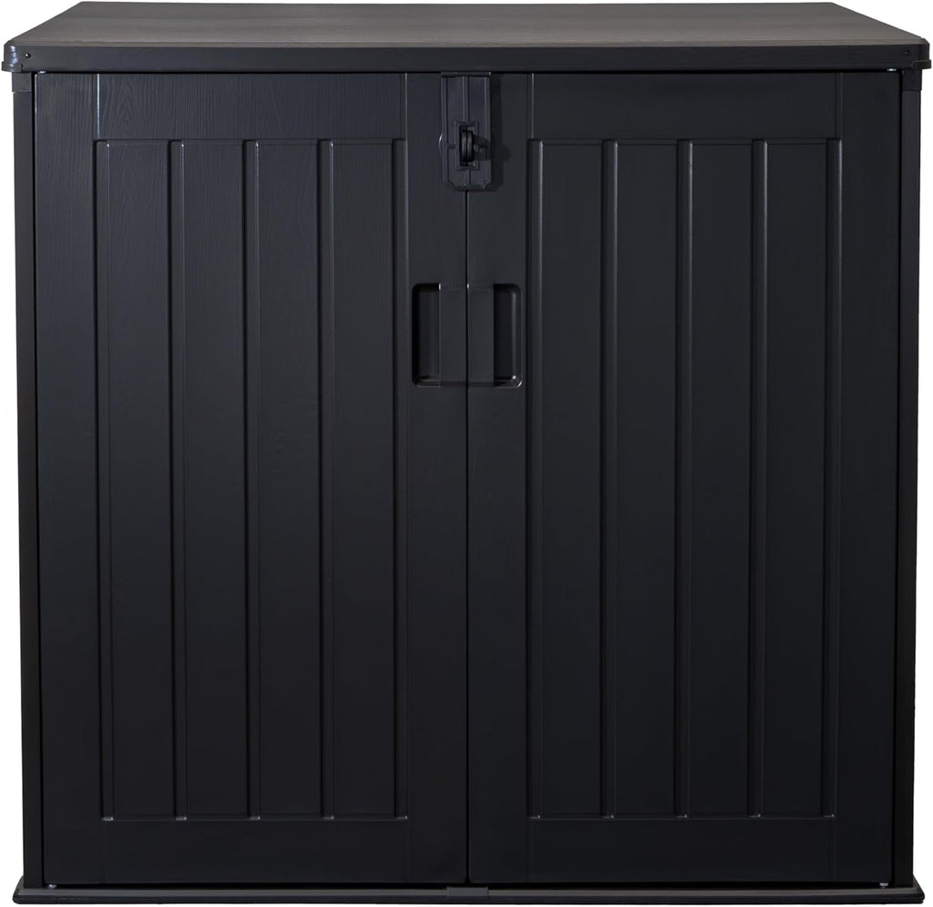 Caja para cubos de basura Koll Living Soraya de 775 litros, de plástico con aspecto de madera – bloqueable, resistente a la intemperie, resistente a los rayos UV, con amortiguadores de gas – Negro/Gris