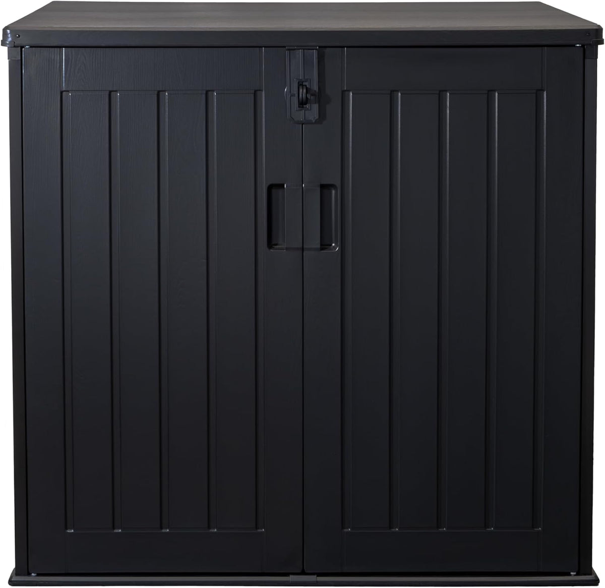 Caja para cubos de basura Koll Living Soraya de 775 litros, de plástico con aspecto de madera – bloqueable, resistente a la intemperie, resistente a los rayos UV, con amortiguadores de gas – Negro/Gris