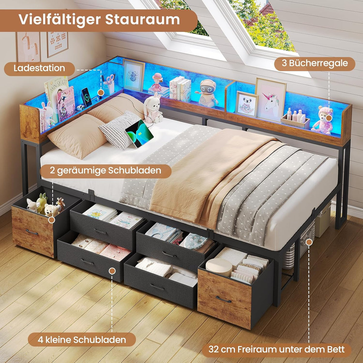 Cama de 90x200 con almacenamiento, sofá cama con estantería integrada y 6 cajones, cama juvenil con iluminación LED y estación de carga, cama de invitados, diván, estructura de cama con somier (Marrón vintage, 90x200 cm)