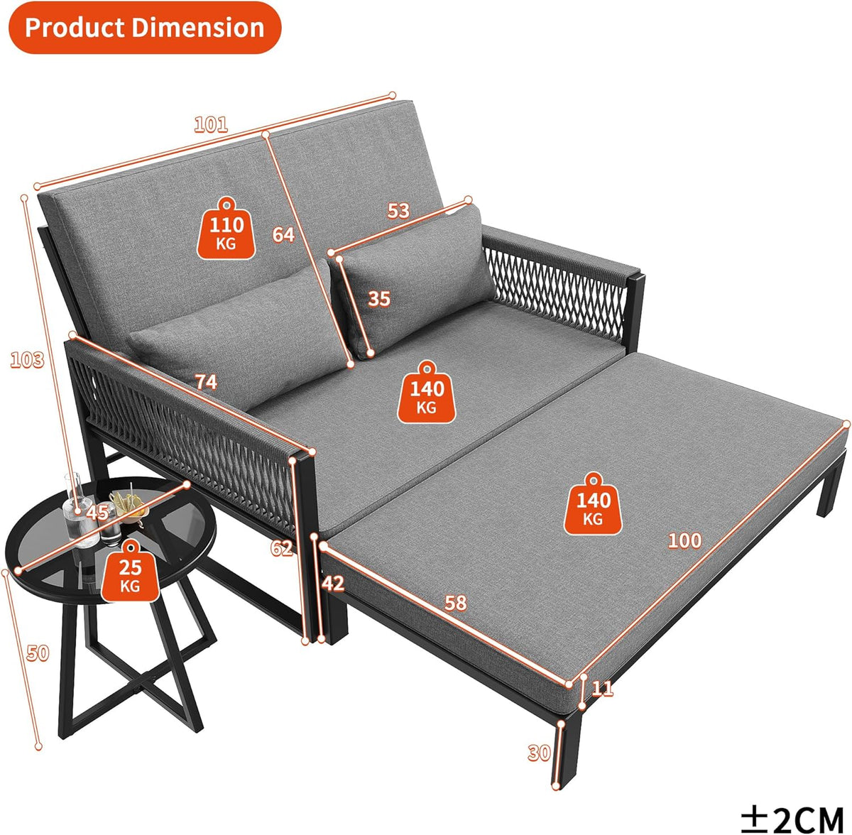 Tumbona de jardín con reposabrazos de hierro trenzado, sofá de exterior resistente a la intemperie, incluye mesa de centro de cristal y cojines, sofá cama para exterior, sofá de dos plazas con taburete y mesa de centro, gris