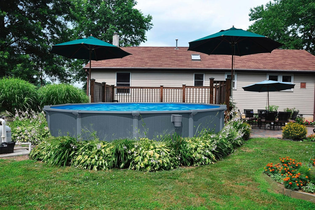 Set completo de piscina con pared de acero Bestway Hydrium redonda 488 x 132 cm, efecto madera gris, piscina de jardín, piscina elevada, filtro de arena