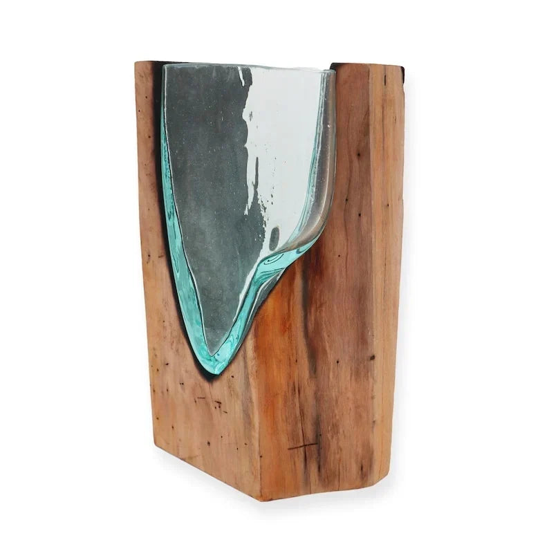 Jarrón de pared vertical de vidrio fundido sobre madera, macetero de vidrio soplado a mano, decoración rústica bohemia, pieza de acento de madera flotante, florero pequeño