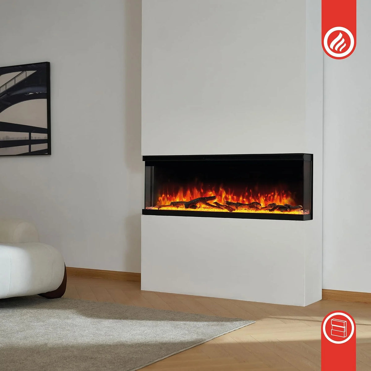 KAMINIO Kominek elektryczny LEA - Elektryczny kominek 3-w-1 z panoramicznym widokiem, ogrzewaniem, efektem 3D płomieni, 12 kolorami płomieni (42 cali)