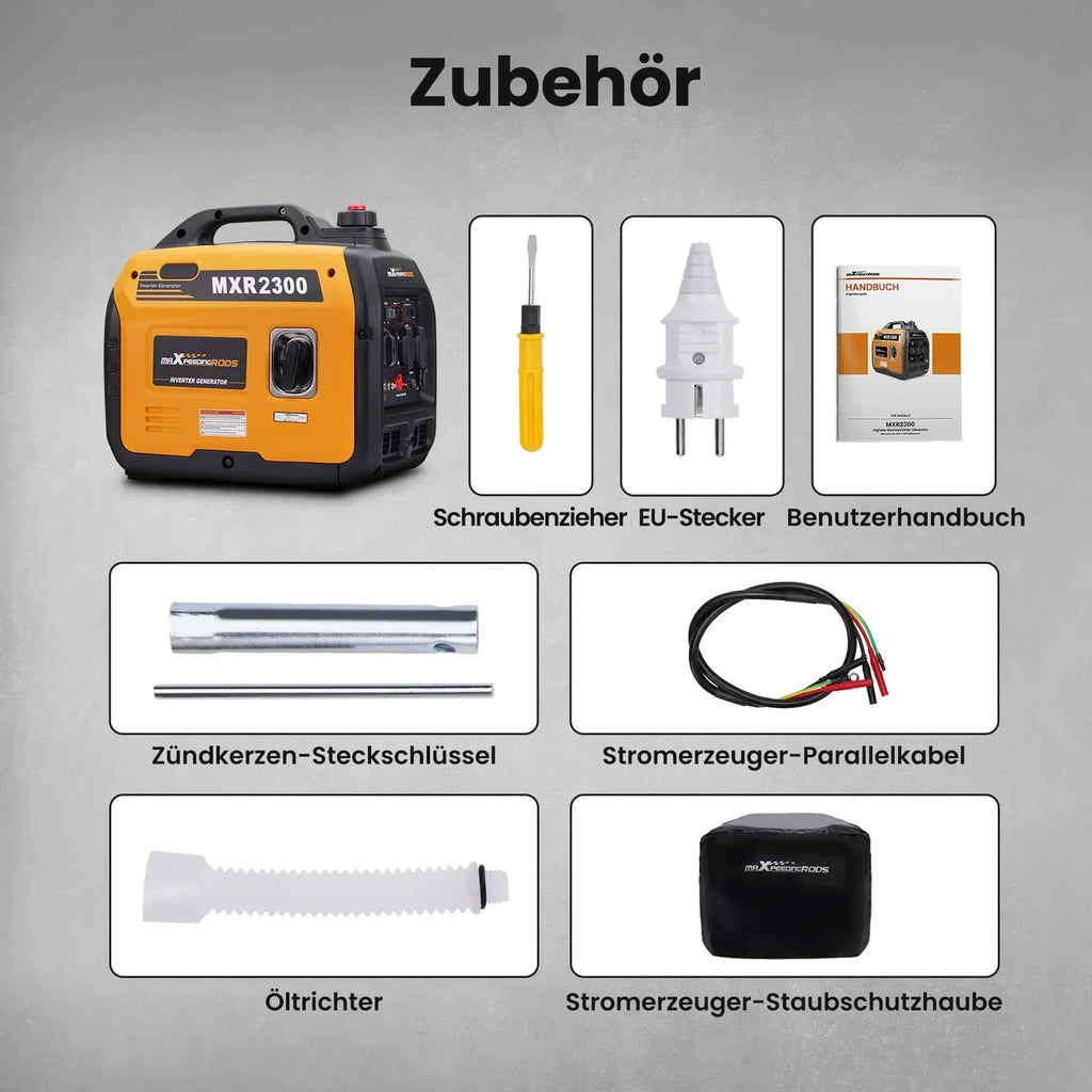 Generador inversor maXpeedingrods 2300W de gasolina, silencioso, 4 tiempos, portátil, 18,5kg, para camping, autocaravana, USB, enchufes 230V