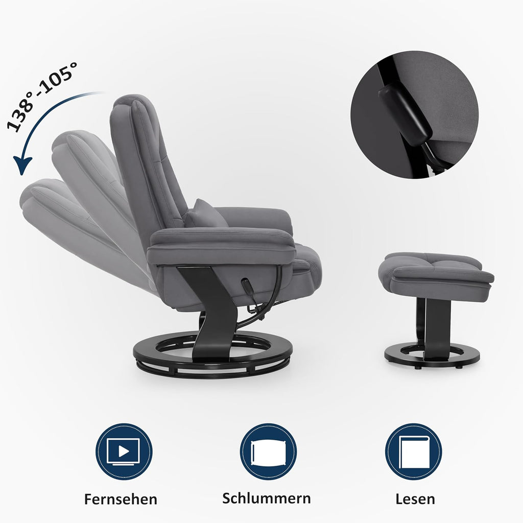 MCombo Sillón relax con función reclinable, sillón de lectura, sillón de TV giratorio 360°, con taburete, cojín y bolsillo lateral, sillón de TV para salón con capacidad de carga de hasta 120 kg, 9099 (microfibra, gris)
